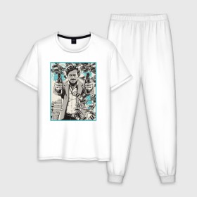 Мужская пижама хлопок с принтом Пабло Эскобар в Екатеринбурге, 100% хлопок | брюки и футболка прямого кроя, без карманов, на брюках мягкая резинка на поясе и по низу штанин
 | Тематика изображения на принте: narco | доллары | оружие