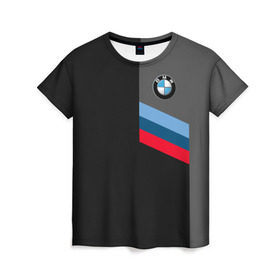 Женская футболка 3D с принтом BMW Brand Tricolor в Екатеринбурге, 100% полиэфир ( синтетическое хлопкоподобное полотно) | прямой крой, круглый вырез горловины, длина до линии бедер | bmw | автомобильные | бмв | машины