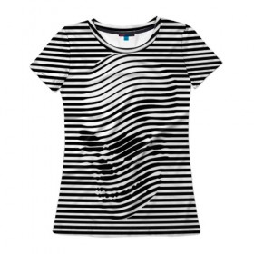 Женская футболка 3D с принтом Череп в Екатеринбурге, 100% полиэфир ( синтетическое хлопкоподобное полотно) | прямой крой, круглый вырез горловины, длина до линии бедер | art | optical | skull | stripes | vest | искусство | оптическое | полосы | тельняшка | череп
