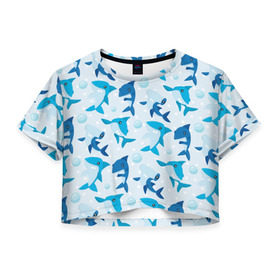 Женская футболка 3D укороченная с принтом Акулы в Екатеринбурге, 100% полиэстер | круглая горловина, длина футболки до линии талии, рукава с отворотами | shark | акула | вода | море | океан | пузыри | рыба | рыбалка
