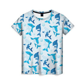 Женская футболка 3D с принтом Акулы в Екатеринбурге, 100% полиэфир ( синтетическое хлопкоподобное полотно) | прямой крой, круглый вырез горловины, длина до линии бедер | shark | акула | вода | море | океан | пузыри | рыба | рыбалка