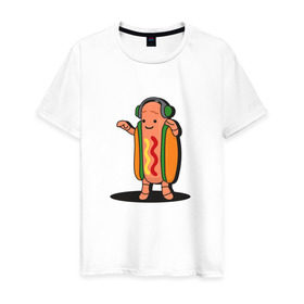 Мужская футболка хлопок с принтом Танцующий хот-дог snapchat в Екатеринбурге, 100% хлопок | прямой крой, круглый вырез горловины, длина до линии бедер, слегка спущенное плечо. | Тематика изображения на принте: 