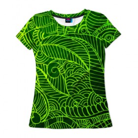 Женская футболка 3D с принтом зеленые узоры в Екатеринбурге, 100% полиэфир ( синтетическое хлопкоподобное полотно) | прямой крой, круглый вырез горловины, длина до линии бедер | green | абстракция | арт | восток | геометрия | зелень | индия | орнамент | роспись | узоры | цветы