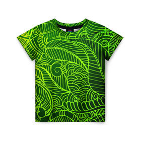 Детская футболка 3D с принтом зеленые узоры в Екатеринбурге, 100% гипоаллергенный полиэфир | прямой крой, круглый вырез горловины, длина до линии бедер, чуть спущенное плечо, ткань немного тянется | green | абстракция | арт | восток | геометрия | зелень | индия | орнамент | роспись | узоры | цветы