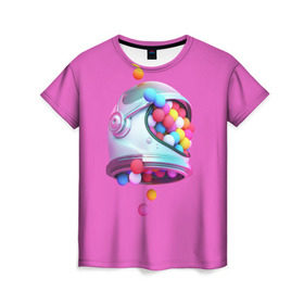 Женская футболка 3D с принтом Colorful balls в Екатеринбурге, 100% полиэфир ( синтетическое хлопкоподобное полотно) | прямой крой, круглый вырез горловины, длина до линии бедер | balls | colorful | helmet | pink | колорит | космонавт | космос | розовый | скафандр | цвет | шарики | шары | шлем