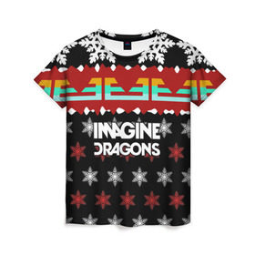 Женская футболка 3D с принтом Праздничный Imagine Dragons в Екатеринбурге, 100% полиэфир ( синтетическое хлопкоподобное полотно) | прямой крой, круглый вырез горловины, длина до линии бедер | альтернативный | американская | группа | драгонс | имеджин | инди | индирок | новогодний | поп | рождество | рок | свитер | электроник