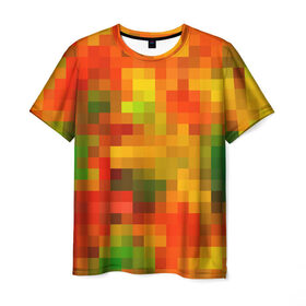 Мужская футболка 3D с принтом Осенние пиксели в Екатеринбурге, 100% полиэфир | прямой крой, круглый вырез горловины, длина до линии бедер | 