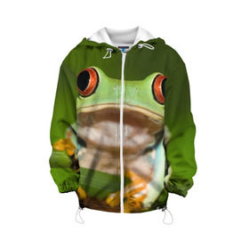 Детская куртка 3D с принтом Лягушка в Екатеринбурге, 100% полиэстер | застежка — молния, подол и капюшон оформлены резинкой с фиксаторами, по бокам — два кармана без застежек, один потайной карман на груди, плотность верхнего слоя — 90 г/м2; плотность флисового подклада — 260 г/м2 | Тематика изображения на принте: frog | жаба | животные | зеленый | ква | лягуха | лягушка | лягушонок