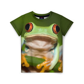 Детская футболка 3D с принтом Лягушка в Екатеринбурге, 100% гипоаллергенный полиэфир | прямой крой, круглый вырез горловины, длина до линии бедер, чуть спущенное плечо, ткань немного тянется | Тематика изображения на принте: frog | жаба | животные | зеленый | ква | лягуха | лягушка | лягушонок