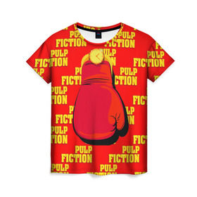 Женская футболка 3D с принтом Криминальное чтиво в Екатеринбурге, 100% полиэфир ( синтетическое хлопкоподобное полотно) | прямой крой, круглый вырез горловины, длина до линии бедер | pulp fiction | бокс | золотые часы | перчатка