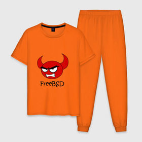 Мужская пижама хлопок с принтом FreeBSD демон в Екатеринбурге, 100% хлопок | брюки и футболка прямого кроя, без карманов, на брюках мягкая резинка на поясе и по низу штанин
 | Тематика изображения на принте: bsd | demon | freebsd | os | unix | демон | злой | ос | чёртик