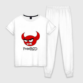 Женская пижама хлопок с принтом FreeBSD демон в Екатеринбурге, 100% хлопок | брюки и футболка прямого кроя, без карманов, на брюках мягкая резинка на поясе и по низу штанин | bsd | demon | freebsd | os | unix | демон | злой | ос | чёртик