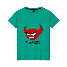 Женская футболка хлопок с принтом FreeBSD демон в Екатеринбурге, 100% хлопок | прямой крой, круглый вырез горловины, длина до линии бедер, слегка спущенное плечо | bsd | demon | freebsd | os | unix | демон | злой | ос | чёртик