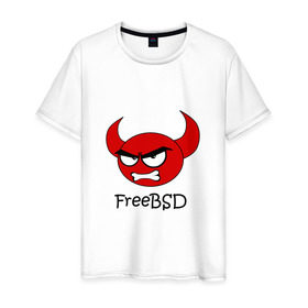 Мужская футболка хлопок с принтом FreeBSD демон в Екатеринбурге, 100% хлопок | прямой крой, круглый вырез горловины, длина до линии бедер, слегка спущенное плечо. | Тематика изображения на принте: bsd | demon | freebsd | os | unix | демон | злой | ос | чёртик