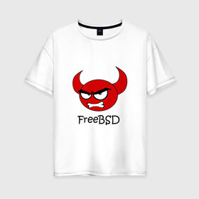 Женская футболка хлопок Oversize с принтом FreeBSD демон в Екатеринбурге, 100% хлопок | свободный крой, круглый ворот, спущенный рукав, длина до линии бедер
 | Тематика изображения на принте: bsd | demon | freebsd | os | unix | демон | злой | ос | чёртик