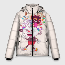 Мужская зимняя куртка 3D с принтом Чашкоголовый в Екатеринбурге, верх — 100% полиэстер; подкладка — 100% полиэстер; утеплитель — 100% полиэстер | длина ниже бедра, свободный силуэт Оверсайз. Есть воротник-стойка, отстегивающийся капюшон и ветрозащитная планка. 

Боковые карманы с листочкой на кнопках и внутренний карман на молнии. | Тематика изображения на принте: cuphead | run and gun | капхед | капхэд | чашка