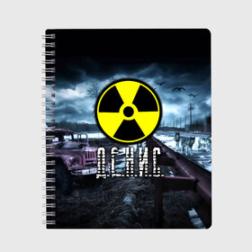 Тетрадь с принтом S T A L K E R - Д Е Н И С в Екатеринбурге, 100% бумага | 48 листов, плотность листов — 60 г/м2, плотность картонной обложки — 250 г/м2. Листы скреплены сбоку удобной пружинной спиралью. Уголки страниц и обложки скругленные. Цвет линий — светло-серый
 | stalker | волки | грузовик | ден | денис | денчик | знак | имя | мрак | опасность | припять | птицы | радиация | сталкер | чернобыль