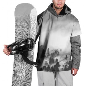 Накидка на куртку 3D с принтом Туманный лес в Екатеринбурге, 100% полиэстер |  | бор | деревья | дым | елки | лес | природа | туман | чб | черно белое