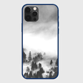 Чехол для iPhone 12 Pro с принтом Туманный лес в Екатеринбурге, силикон | область печати: задняя сторона чехла, без боковых панелей | бор | деревья | дым | елки | лес | природа | туман | чб | черно белое