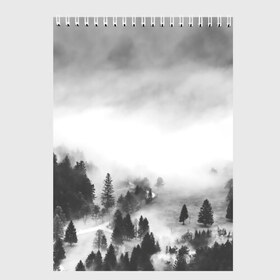 Скетчбук с принтом Туманный лес в Екатеринбурге, 100% бумага
 | 48 листов, плотность листов — 100 г/м2, плотность картонной обложки — 250 г/м2. Листы скреплены сверху удобной пружинной спиралью | бор | деревья | дым | елки | лес | природа | туман | чб | черно белое