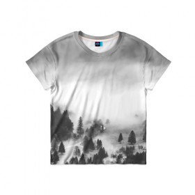 Детская футболка 3D с принтом Туманный лес в Екатеринбурге, 100% гипоаллергенный полиэфир | прямой крой, круглый вырез горловины, длина до линии бедер, чуть спущенное плечо, ткань немного тянется | Тематика изображения на принте: бор | деревья | дым | елки | лес | природа | туман | чб | черно белое