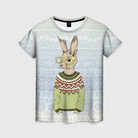 Женская футболка 3D с принтом Кролик хипстер в Екатеринбурге, 100% полиэфир ( синтетическое хлопкоподобное полотно) | прямой крой, круглый вырез горловины, длина до линии бедер | зима | кролик | новый год | подарок | рождество