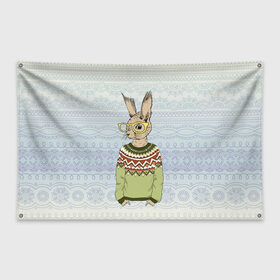 Флаг-баннер с принтом Кролик хипстер в Екатеринбурге, 100% полиэстер | размер 67 х 109 см, плотность ткани — 95 г/м2; по краям флага есть четыре люверса для крепления | зима | кролик | новый год | подарок | рождество