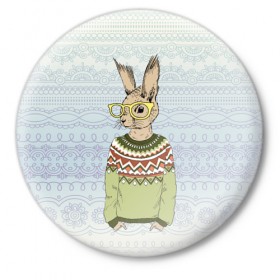 Значок с принтом Кролик хипстер в Екатеринбурге,  металл | круглая форма, металлическая застежка в виде булавки | зима | кролик | новый год | подарок | рождество