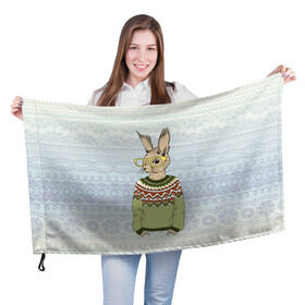 Флаг 3D с принтом Кролик хипстер в Екатеринбурге, 100% полиэстер | плотность ткани — 95 г/м2, размер — 67 х 109 см. Принт наносится с одной стороны | зима | кролик | новый год | подарок | рождество