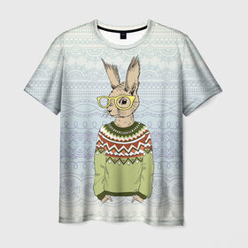 Мужская футболка 3D с принтом Кролик хипстер в Екатеринбурге, 100% полиэфир | прямой крой, круглый вырез горловины, длина до линии бедер | зима | кролик | новый год | подарок | рождество