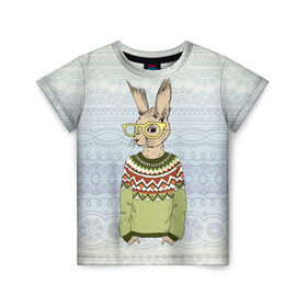 Детская футболка 3D с принтом Кролик хипстер в Екатеринбурге, 100% гипоаллергенный полиэфир | прямой крой, круглый вырез горловины, длина до линии бедер, чуть спущенное плечо, ткань немного тянется | Тематика изображения на принте: зима | кролик | новый год | подарок | рождество