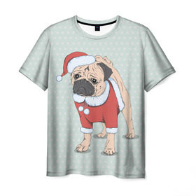 Мужская футболка 3D с принтом Мопс Санта Клаус в Екатеринбурге, 100% полиэфир | прямой крой, круглый вырез горловины, длина до линии бедер | зима | новый год | подарок | рождество