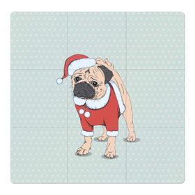 Магнитный плакат 3Х3 с принтом Мопс Санта Клаус в Екатеринбурге, Полимерный материал с магнитным слоем | 9 деталей размером 9*9 см | Тематика изображения на принте: зима | новый год | подарок | рождество