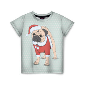 Детская футболка 3D с принтом Мопс Санта Клаус в Екатеринбурге, 100% гипоаллергенный полиэфир | прямой крой, круглый вырез горловины, длина до линии бедер, чуть спущенное плечо, ткань немного тянется | зима | новый год | подарок | рождество