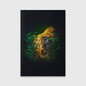 Обложка для паспорта матовая кожа с принтом Тигр в джунглях в Екатеринбурге, натуральная матовая кожа | размер 19,3 х 13,7 см; прозрачные пластиковые крепления | 