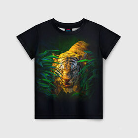 Детская футболка 3D с принтом Тигр в джунглях в Екатеринбурге, 100% гипоаллергенный полиэфир | прямой крой, круглый вырез горловины, длина до линии бедер, чуть спущенное плечо, ткань немного тянется | 