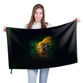 Флаг 3D с принтом Тигр в джунглях в Екатеринбурге, 100% полиэстер | плотность ткани — 95 г/м2, размер — 67 х 109 см. Принт наносится с одной стороны | 