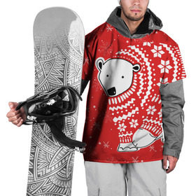 Накидка на куртку 3D с принтом Белый медведь в свитере в Екатеринбурге, 100% полиэстер |  | Тематика изображения на принте: red | snow | snowflakes | stars | sweater | white bear | winter | белый медведь | звезды | зима | красный | снег | снежинки