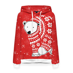 Женская толстовка 3D с принтом Белый медведь в свитере в Екатеринбурге, 100% полиэстер  | двухслойный капюшон со шнурком для регулировки, мягкие манжеты на рукавах и по низу толстовки, спереди карман-кенгуру с мягким внутренним слоем. | red | snow | snowflakes | stars | sweater | white bear | winter | белый медведь | звезды | зима | красный | снег | снежинки