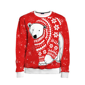 Детский свитшот 3D с принтом Белый медведь в свитере в Екатеринбурге, 100% полиэстер | свободная посадка, прямой крой, мягкая тканевая резинка на рукавах и понизу свитшота | Тематика изображения на принте: red | snow | snowflakes | stars | sweater | white bear | winter | белый медведь | звезды | зима | красный | снег | снежинки
