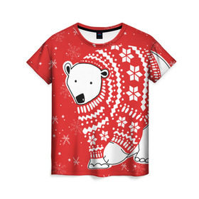 Женская футболка 3D с принтом Белый медведь в свитере в Екатеринбурге, 100% полиэфир ( синтетическое хлопкоподобное полотно) | прямой крой, круглый вырез горловины, длина до линии бедер | red | snow | snowflakes | stars | sweater | white bear | winter | белый медведь | звезды | зима | красный | снег | снежинки