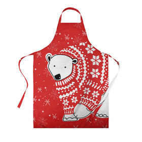 Фартук 3D с принтом Белый медведь в свитере в Екатеринбурге, 100% полиэстер | общий размер — 65 х 85 см, ширина нагрудника — 26 см, горловина — 53 см, длина завязок — 54 см, общий обхват в поясе — 173 см. Принт на завязках и на горловине наносится с двух сторон, на основной части фартука — только с внешней стороны | red | snow | snowflakes | stars | sweater | white bear | winter | белый медведь | звезды | зима | красный | снег | снежинки