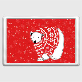 Магнит 45*70 с принтом Белый медведь в свитере в Екатеринбурге, Пластик | Размер: 78*52 мм; Размер печати: 70*45 | Тематика изображения на принте: red | snow | snowflakes | stars | sweater | white bear | winter | белый медведь | звезды | зима | красный | снег | снежинки