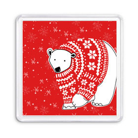 Магнит 55*55 с принтом Белый медведь в свитере в Екатеринбурге, Пластик | Размер: 65*65 мм; Размер печати: 55*55 мм | Тематика изображения на принте: red | snow | snowflakes | stars | sweater | white bear | winter | белый медведь | звезды | зима | красный | снег | снежинки