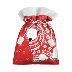 Подарочный 3D мешок с принтом Белый медведь в свитере в Екатеринбурге, 100% полиэстер | Размер: 29*39 см | Тематика изображения на принте: red | snow | snowflakes | stars | sweater | white bear | winter | белый медведь | звезды | зима | красный | снег | снежинки