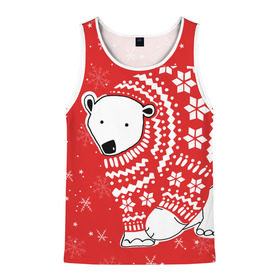 Мужская майка 3D с принтом Белый медведь в свитере в Екатеринбурге, 100% полиэстер | круглая горловина, приталенный силуэт, длина до линии бедра. Пройма и горловина окантованы тонкой бейкой | Тематика изображения на принте: red | snow | snowflakes | stars | sweater | white bear | winter | белый медведь | звезды | зима | красный | снег | снежинки