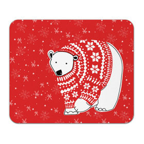 Коврик прямоугольный с принтом Белый медведь в свитере в Екатеринбурге, натуральный каучук | размер 230 х 185 мм; запечатка лицевой стороны | red | snow | snowflakes | stars | sweater | white bear | winter | белый медведь | звезды | зима | красный | снег | снежинки