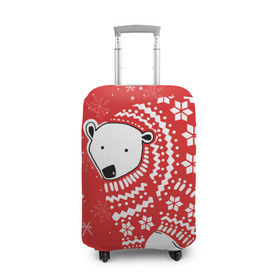 Чехол для чемодана 3D с принтом Белый медведь в свитере в Екатеринбурге, 86% полиэфир, 14% спандекс | двустороннее нанесение принта, прорези для ручек и колес | red | snow | snowflakes | stars | sweater | white bear | winter | белый медведь | звезды | зима | красный | снег | снежинки