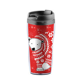 Термокружка-непроливайка с принтом Белый медведь в свитере в Екатеринбурге, внутренняя часть — пищевой пластик, наружная часть — прозрачный пластик, между ними — полиграфическая вставка с рисунком | объем — 350 мл, герметичная крышка | red | snow | snowflakes | stars | sweater | white bear | winter | белый медведь | звезды | зима | красный | снег | снежинки