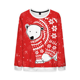 Мужской свитшот 3D с принтом Белый медведь в свитере в Екатеринбурге, 100% полиэстер с мягким внутренним слоем | круглый вырез горловины, мягкая резинка на манжетах и поясе, свободная посадка по фигуре | red | snow | snowflakes | stars | sweater | white bear | winter | белый медведь | звезды | зима | красный | снег | снежинки